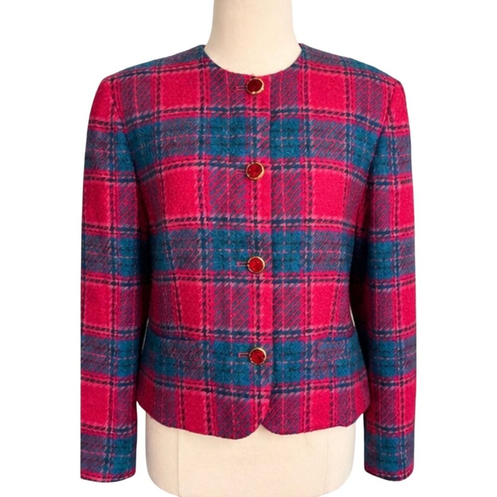 Pendleton Vintage Wool Pink Teal Plaid Jacket, Gold Buttons Made in USA, Size 14